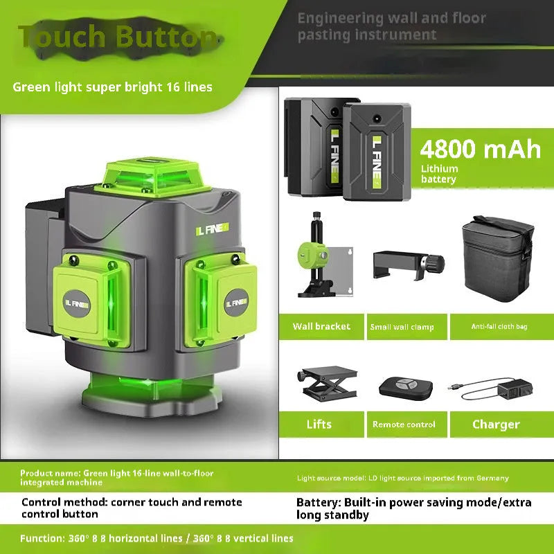 16 line green laser level tool with nylon and aluminium housing for 3D alignment projects