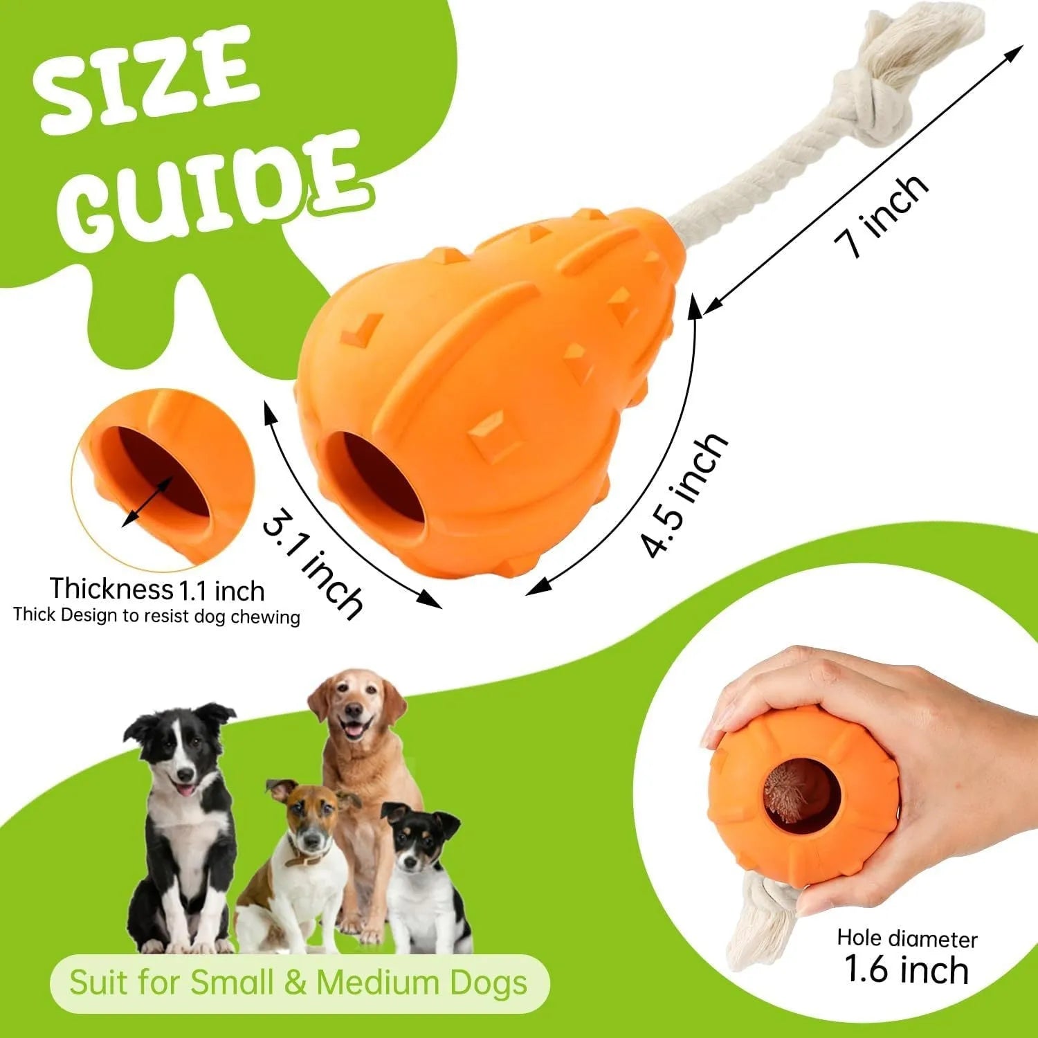 Natural rubber stuffable dog chew toy with longer strap for interactive fetch and treat dispensing