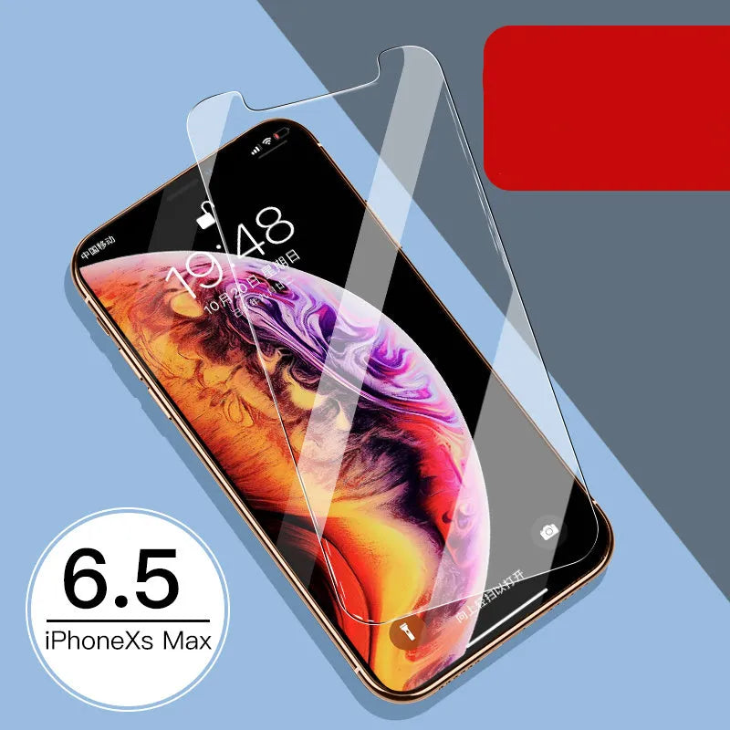 Tempered glass screen and rear camera protectors for Apple iPhone models on a white background.