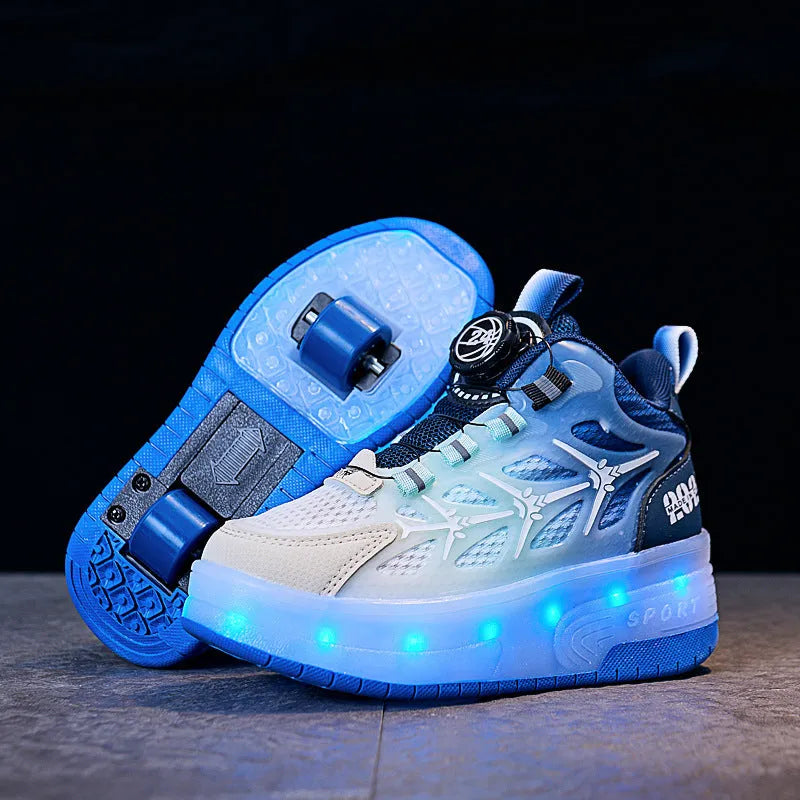 Children's striped roller skates with rotating button closure in blue, black, and pink colour options