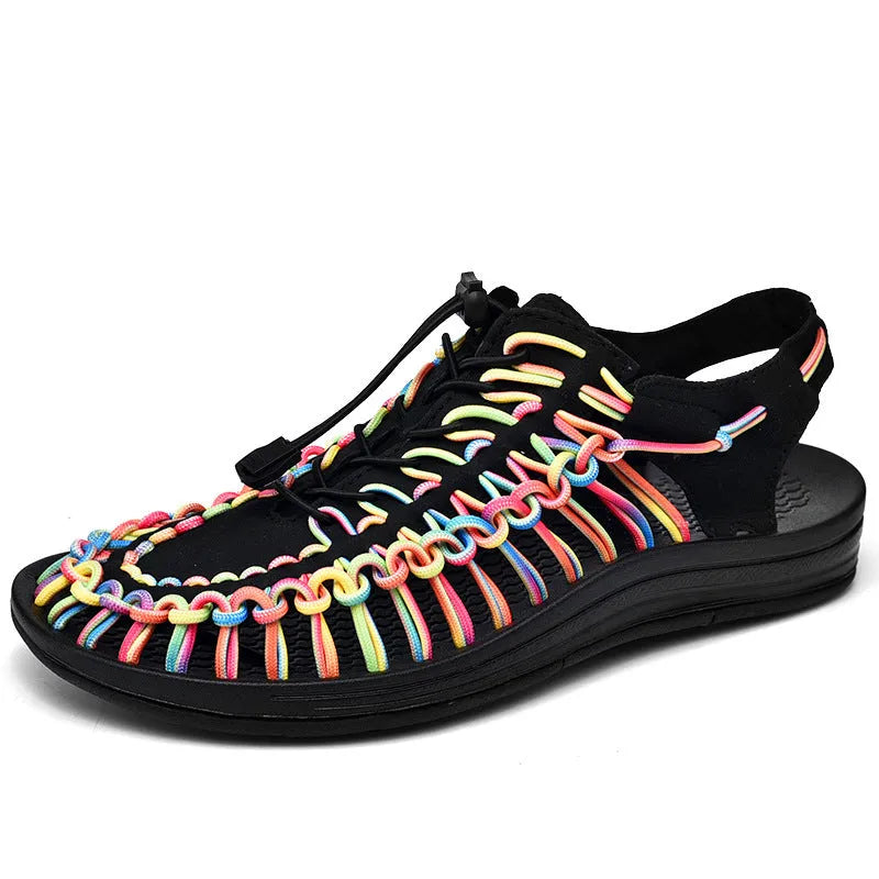 Elastic drawstring woven sandals in rainbow colour with rubber sole and baotou front design