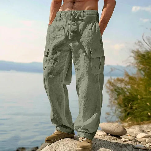 Men's loose thin cotton trousers with wide-leg design in various solid colours