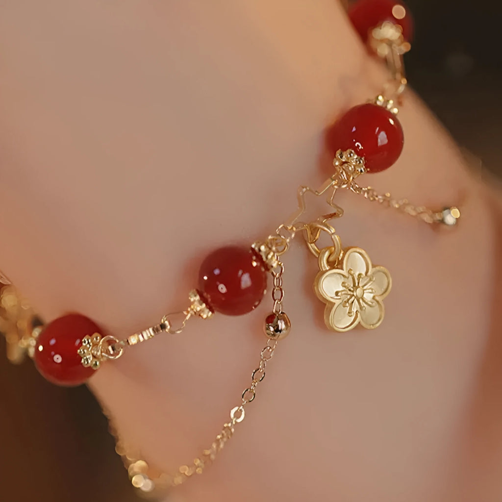 Red agate double-layer women's bracelet with hand-carved peach blossom floral design