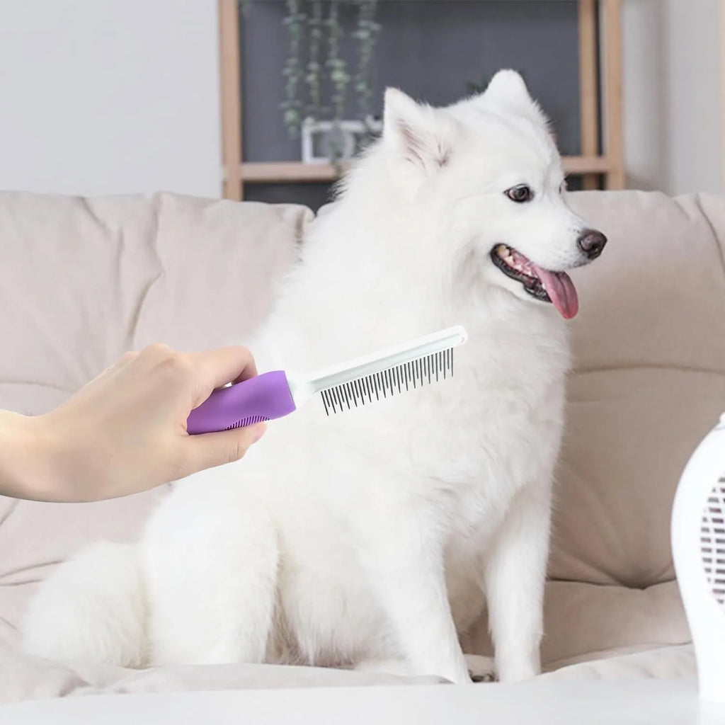 Purple pet grooming comb with stainless steel long and short teeth for detangling dog and cat hair