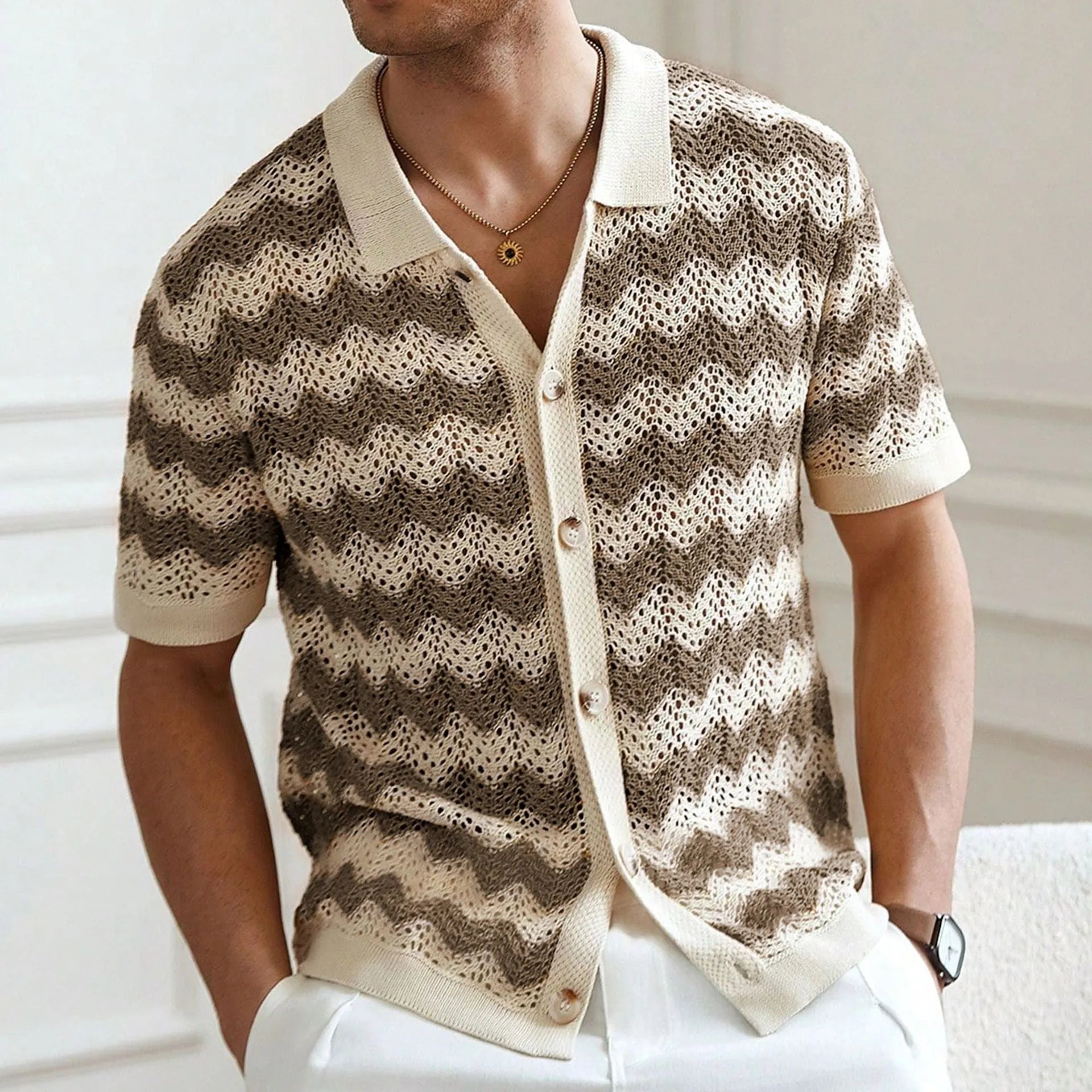 Short sleeve summer sweater with hollow jacquard corrugated texture and flocked detailing in Tencel fabric