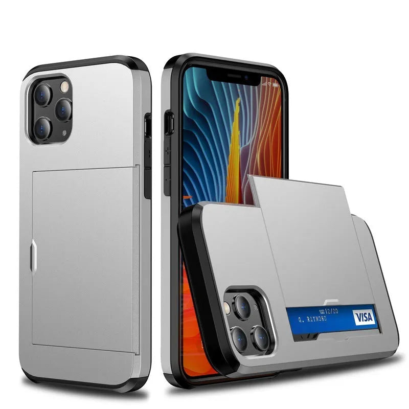iPhone 13 mobile phone wallet case with sliding card cover in multiple colour options