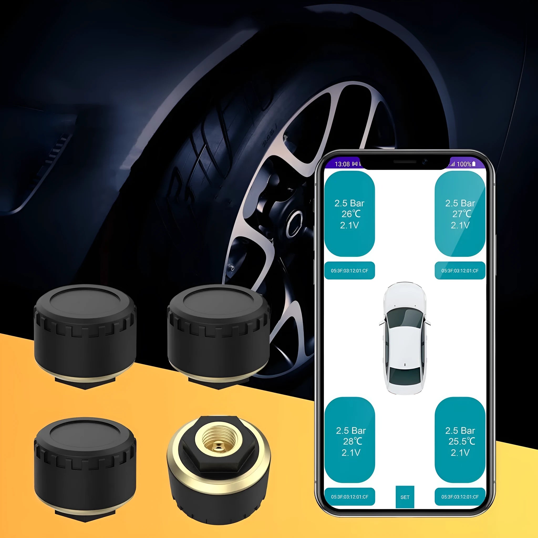 Four black Bluetooth tyre pressure sensors for mobile phone display with IP67 waterproof rating