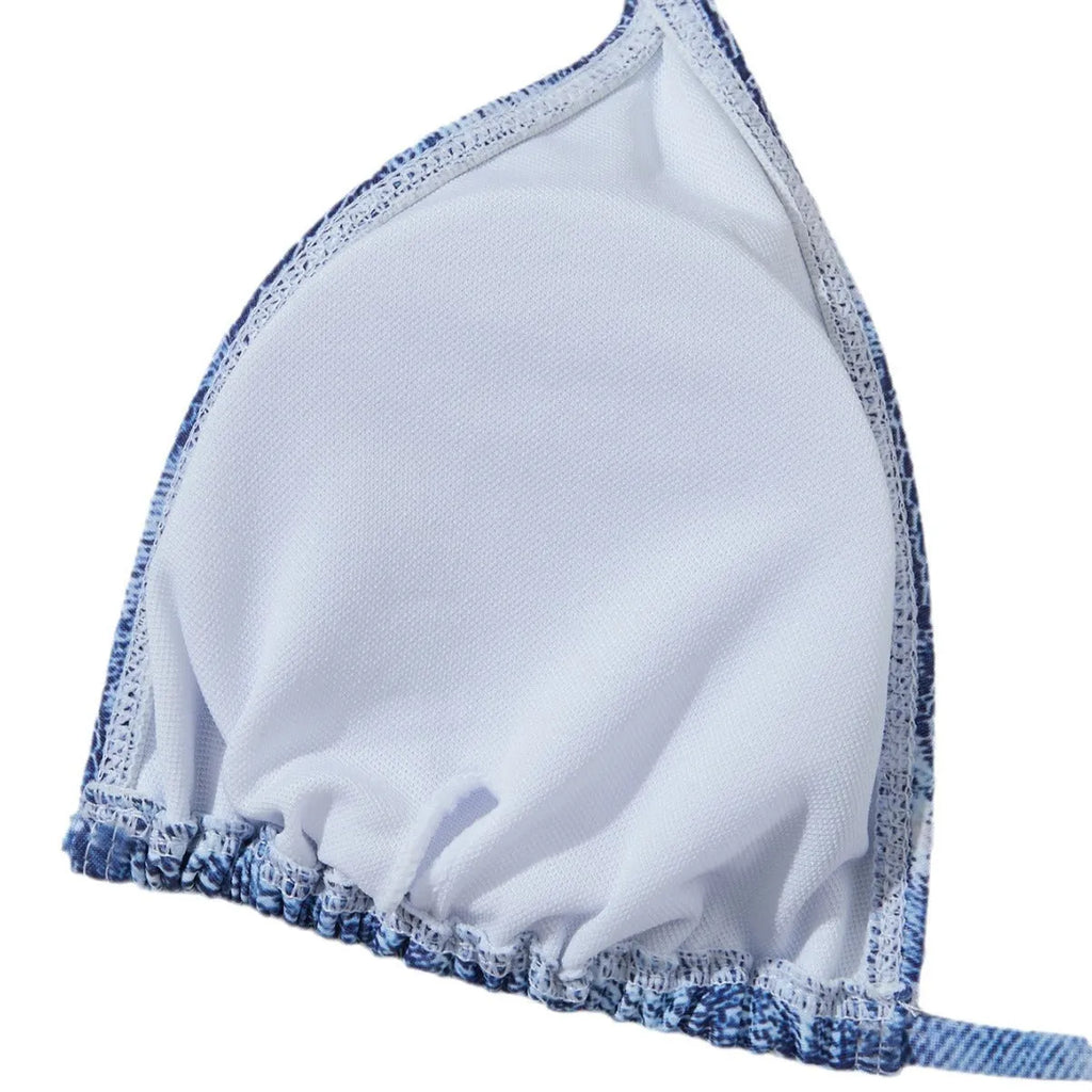 Women's denim blue printed bikini with adjustable straps, shown front view
