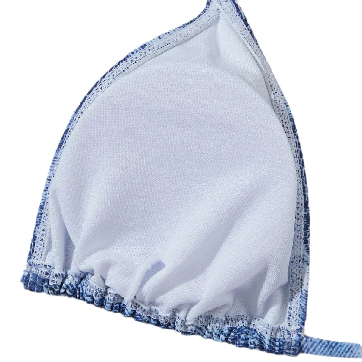 Women's denim blue printed bikini with adjustable straps, shown front view