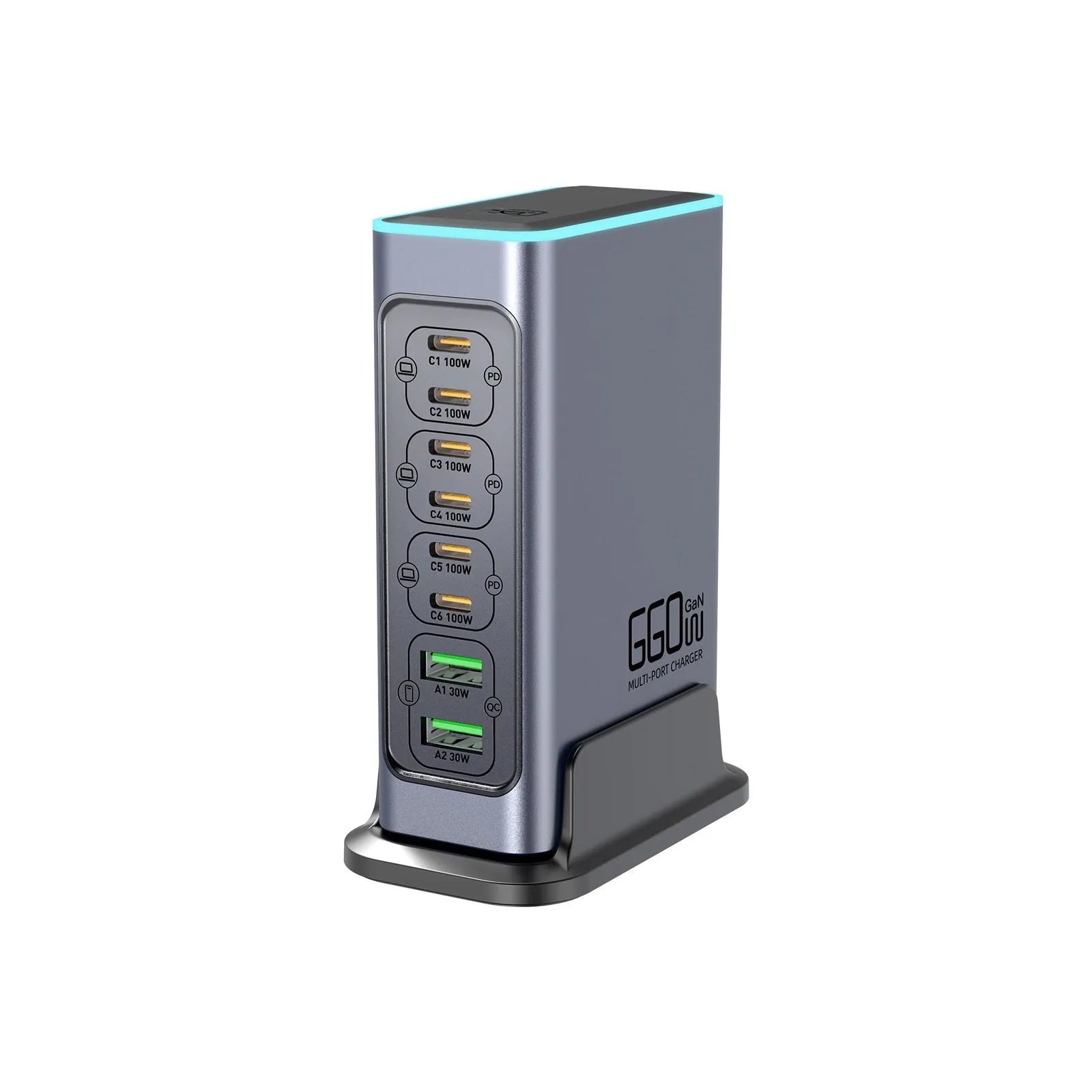 660W Gallium Nitride multi-port desktop fast charger with UK, US, EU, and AU plug heads