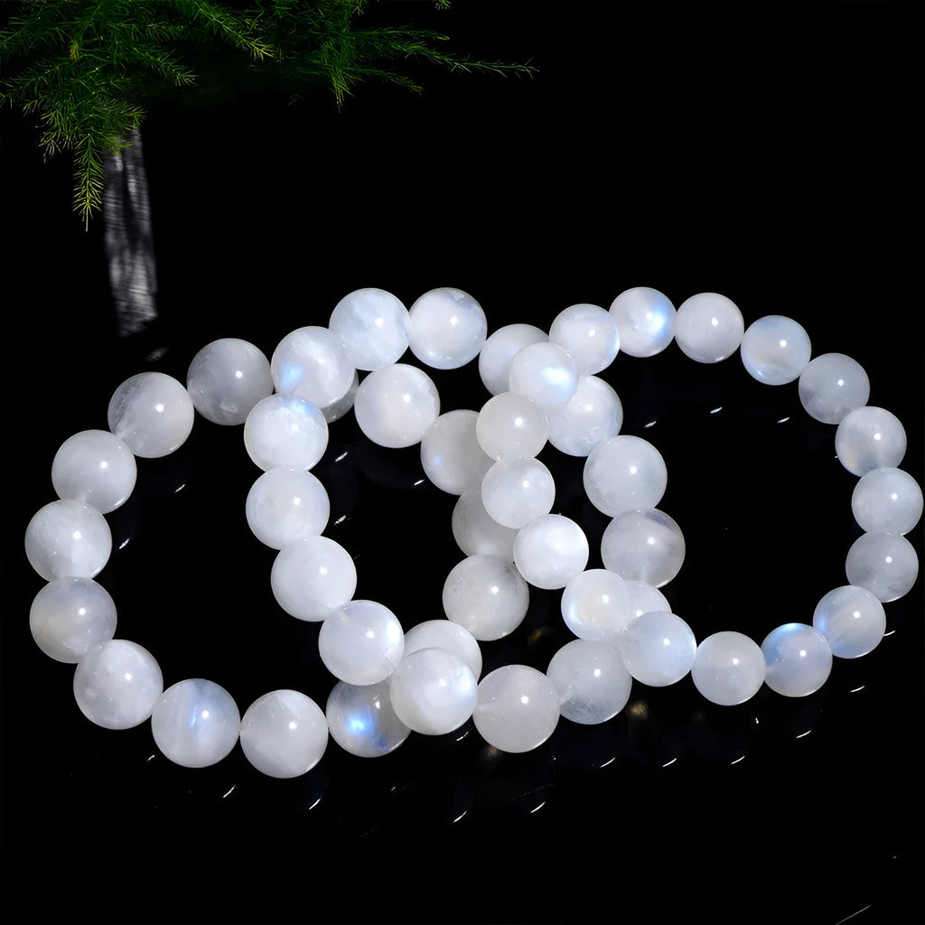 Natural blue moonlight moonstone bracelet with round polished beads in various size options
