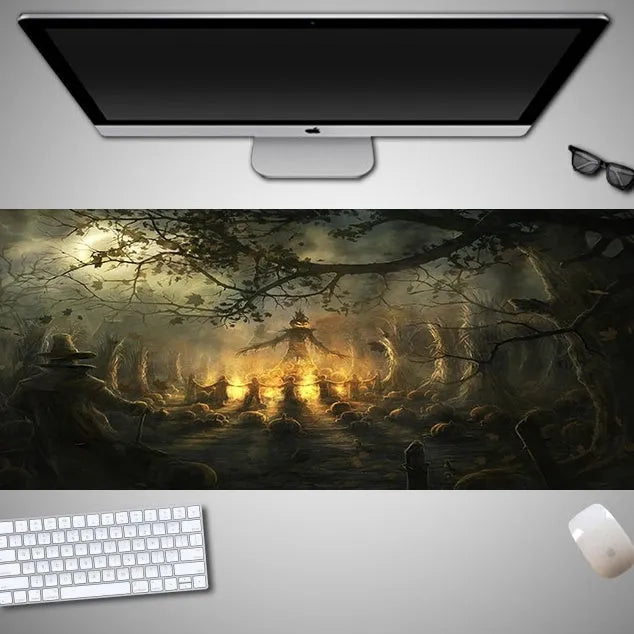 Large Halloween-themed computer mouse pad with graphic design on a desk