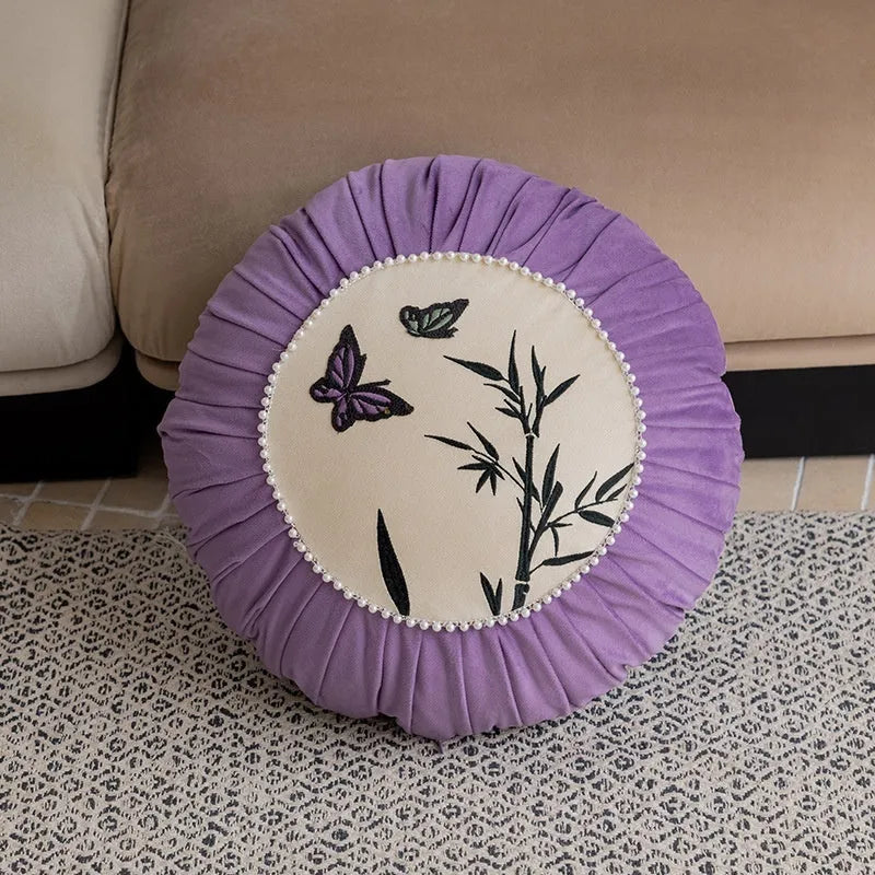 Butterfly embroidered Chinese style cushion in beige black purple colours measuring 45x45cm