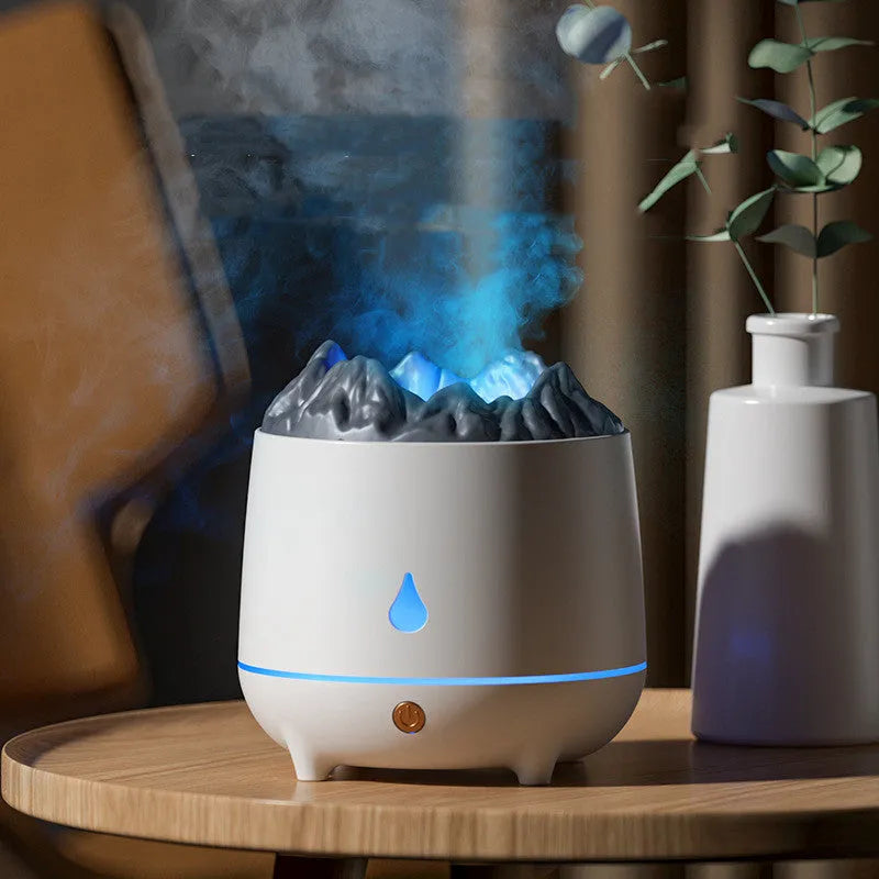 Volcano-shaped ultrasonic humidifier in black or white with USB cable