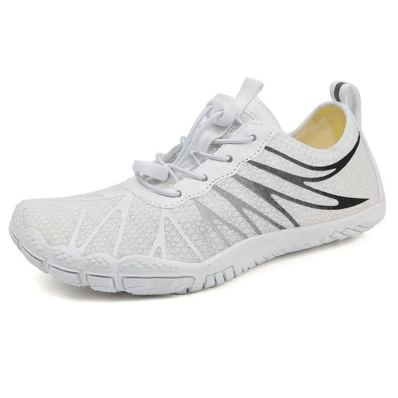 Low-top casual sports running shoe in colour option, showing front lace-up and textured natural rubber outsole.