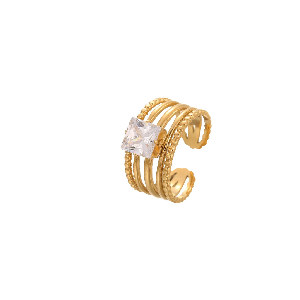 Open mouth geometric stainless steel ring with heart drop shape and gold inlaid zircon.