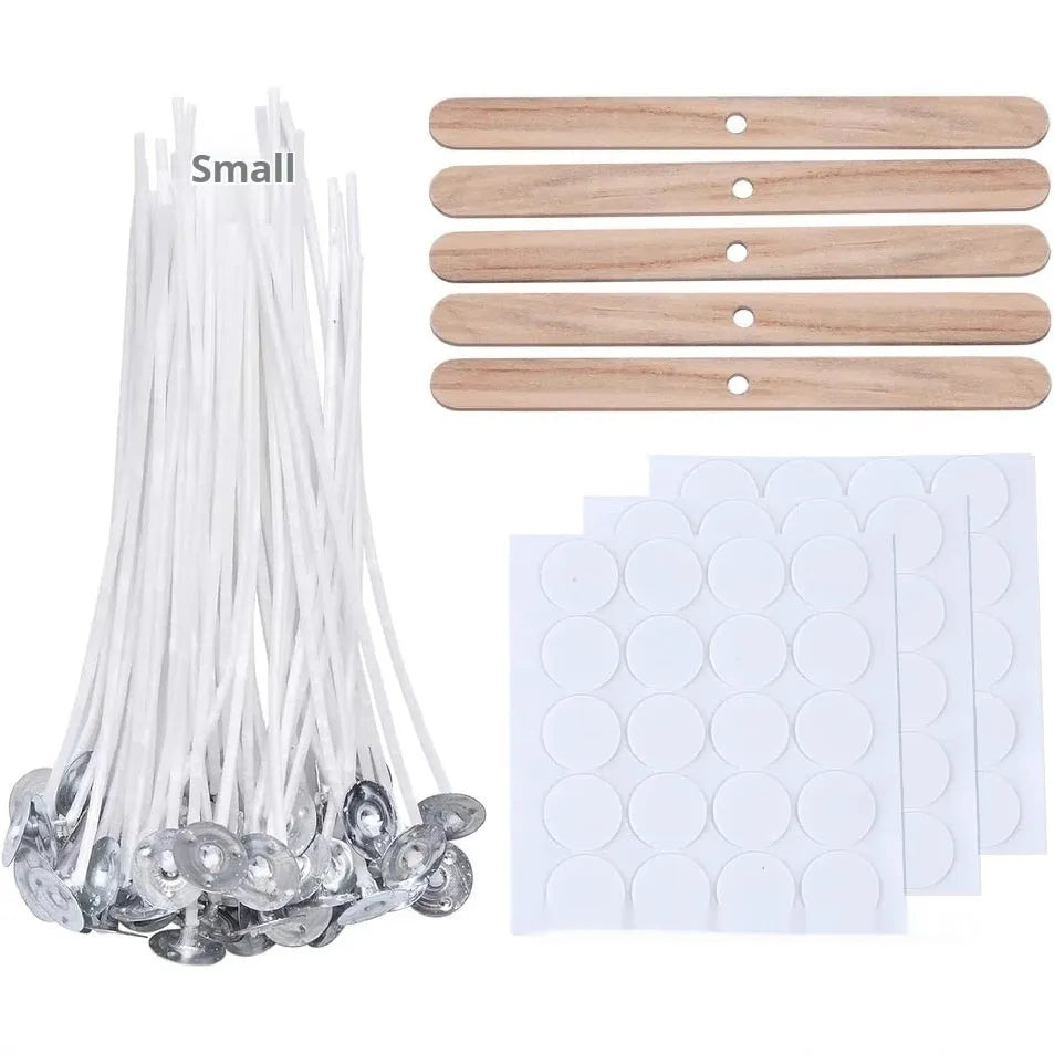 White cotton candle wicks for DIY candle making in lengths 2.6cm, 6cm, and 8cm.