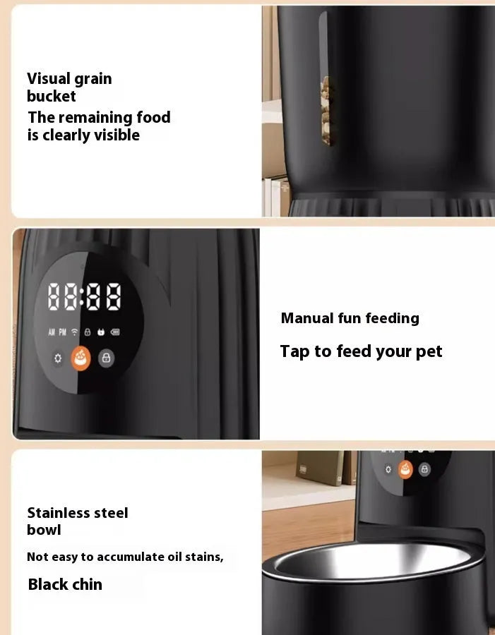 Black automatic pet feeder with food container and digital display