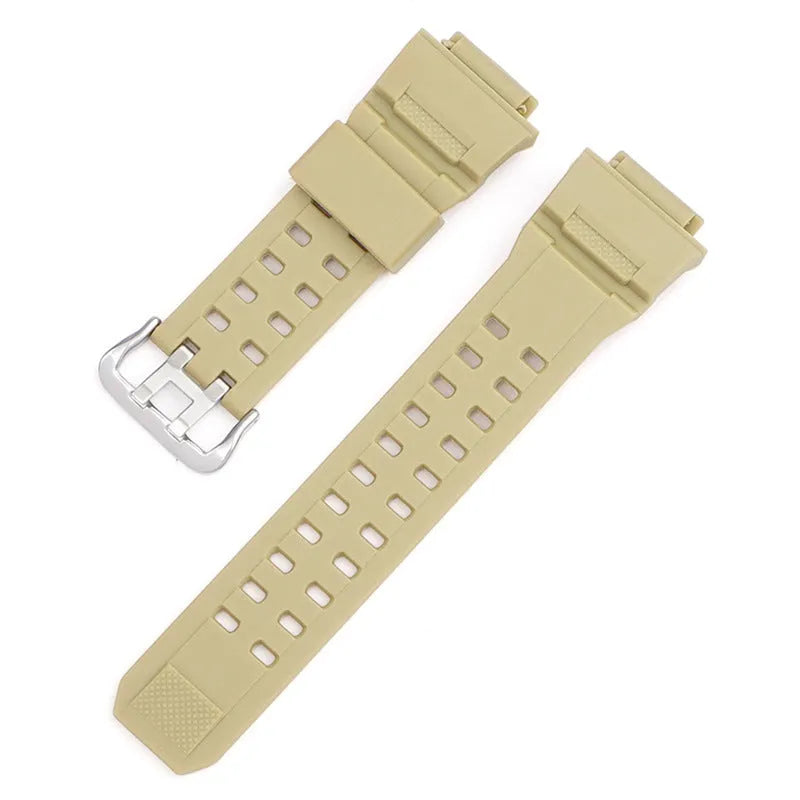 Camouflage pattern TPU watch strap with silver buckle showing 19cm length