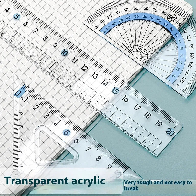 Youpai transparent acrylic drawing ruler set with square and protractor on a white background.