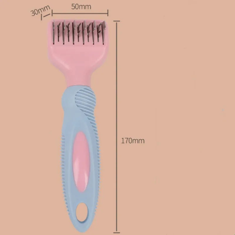 Pink pet grooming comb with stainless steel knot knife, massage brush head, and comb teeth on a white background.