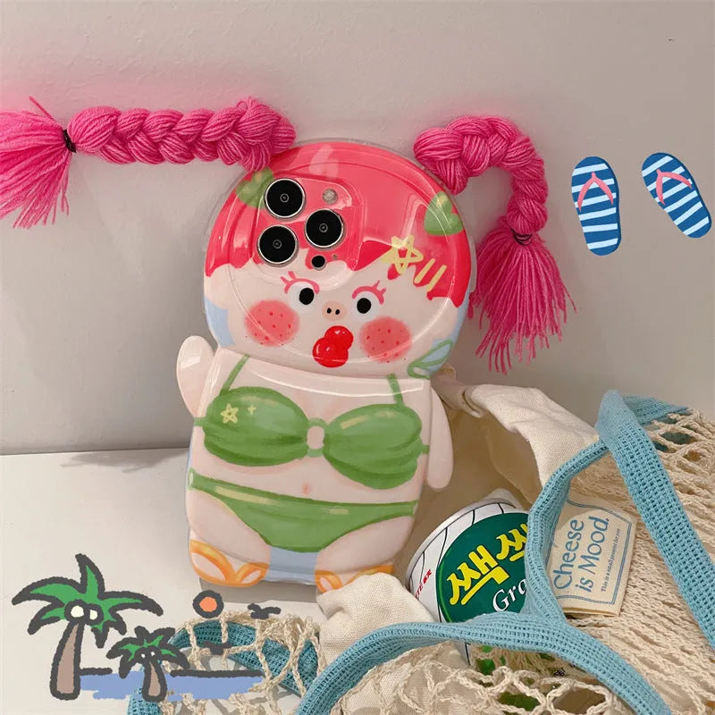 Pink and green silicone iPhone case with cartoon girl in swimsuit design for iPhone 11, 12, 13, 14 models.