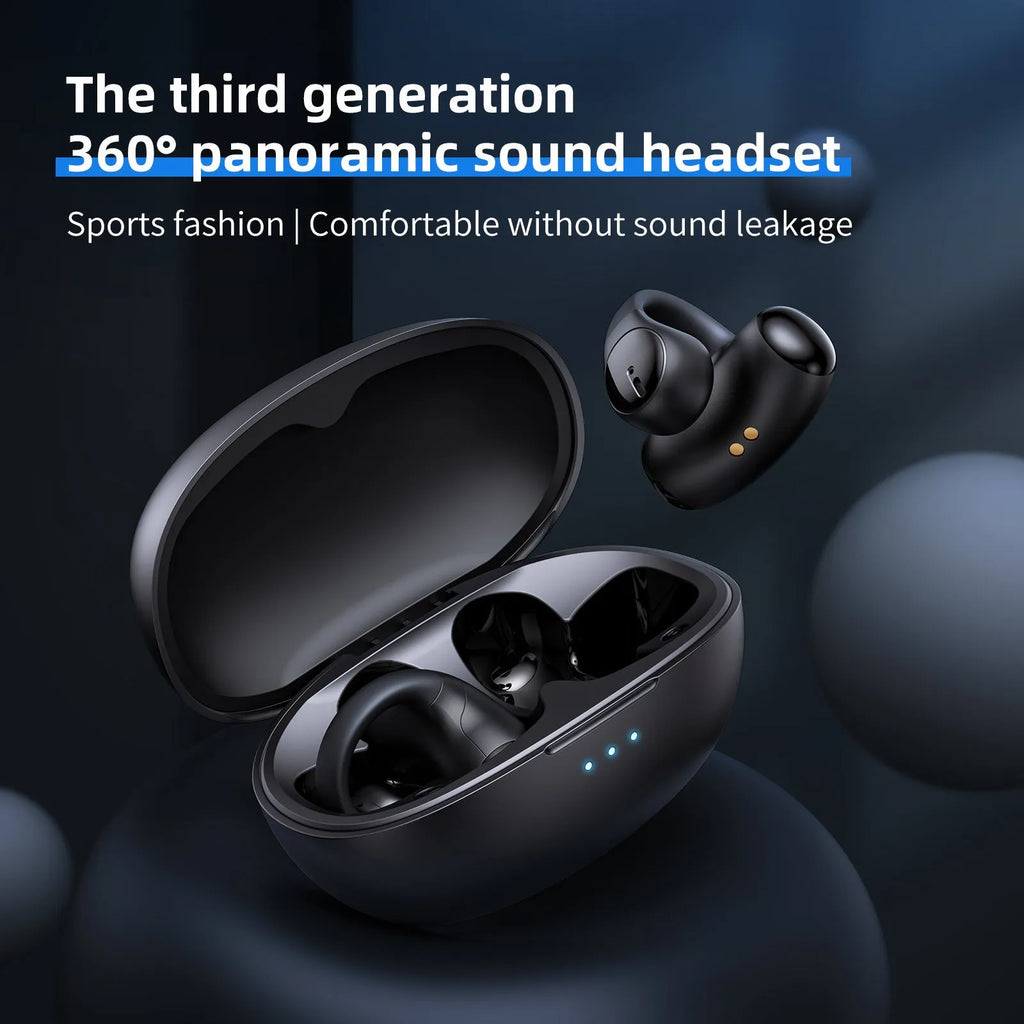 Black and white wireless clip-on sports gaming headset with ear hook design
