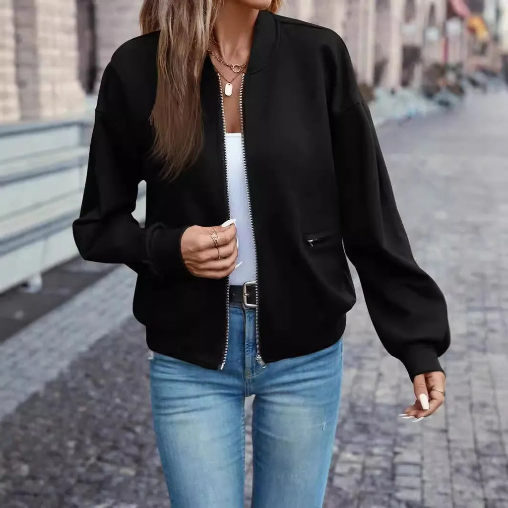 Black women's long sleeve casual zip jacket with a faux pocket detail