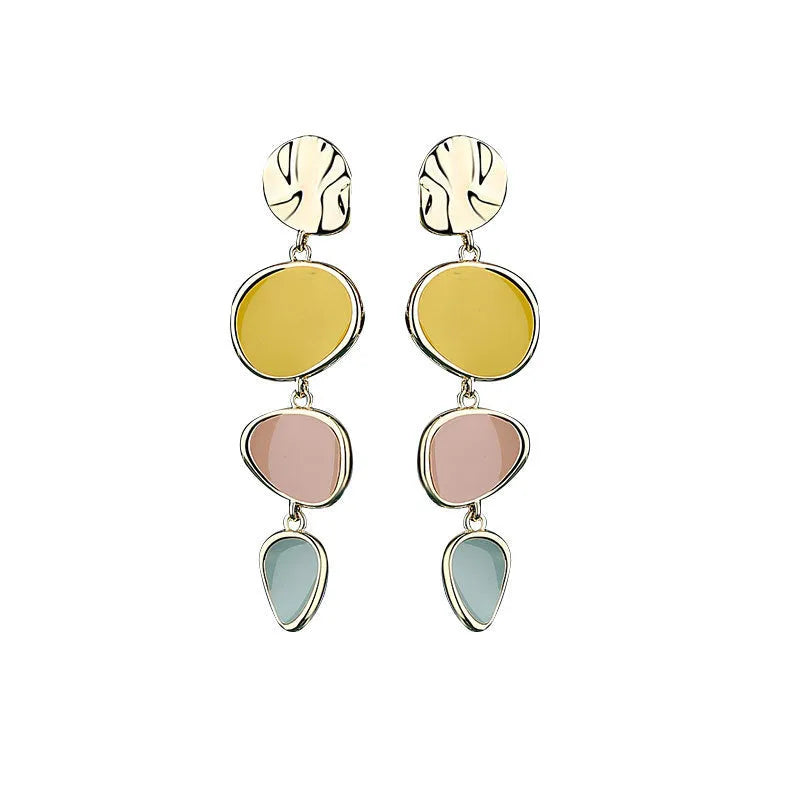 Sterling silver finish drop earrings with a Morandi three-colour oil-dripped wafer disc design.