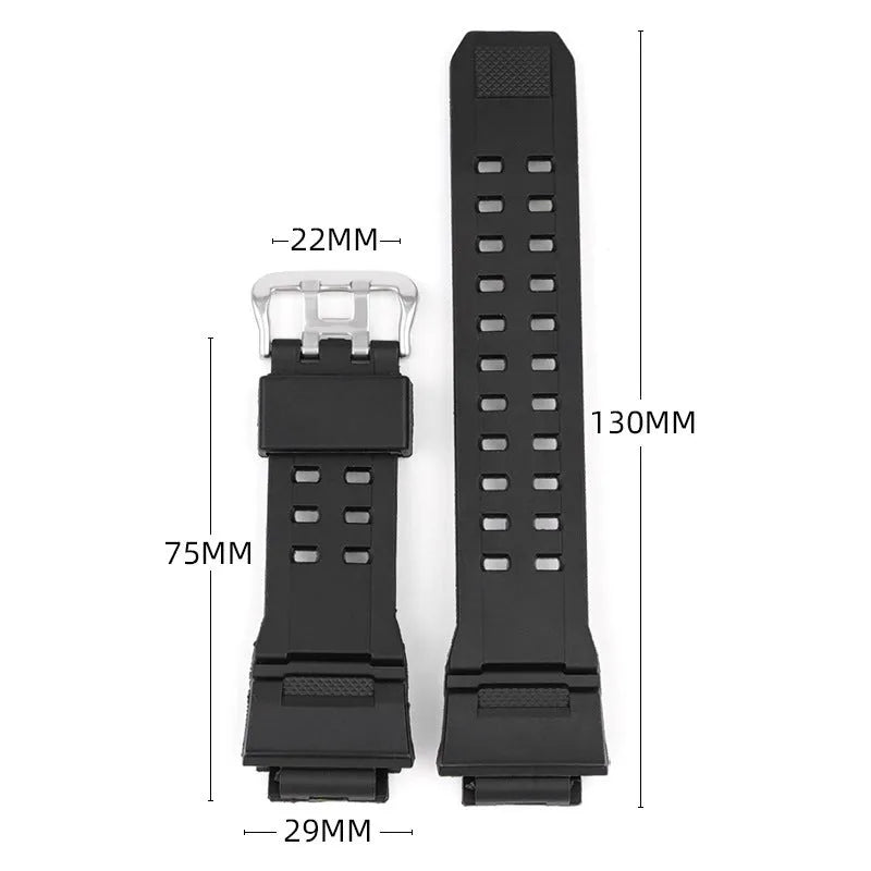 Camouflage pattern TPU watch strap with silver buckle showing 19cm length