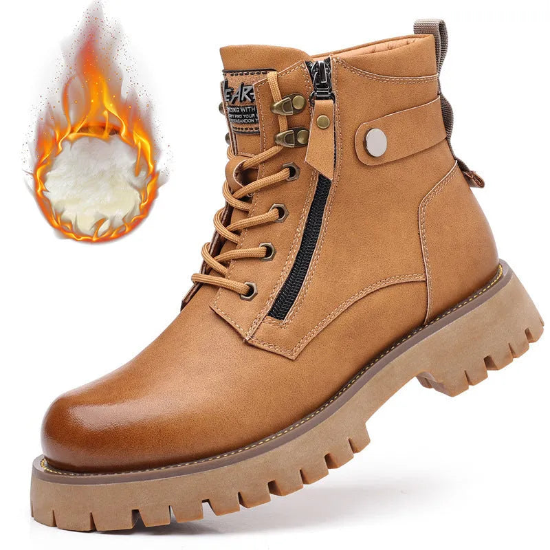Men's brown high-top leather Martin boots with side zipper and mid heel