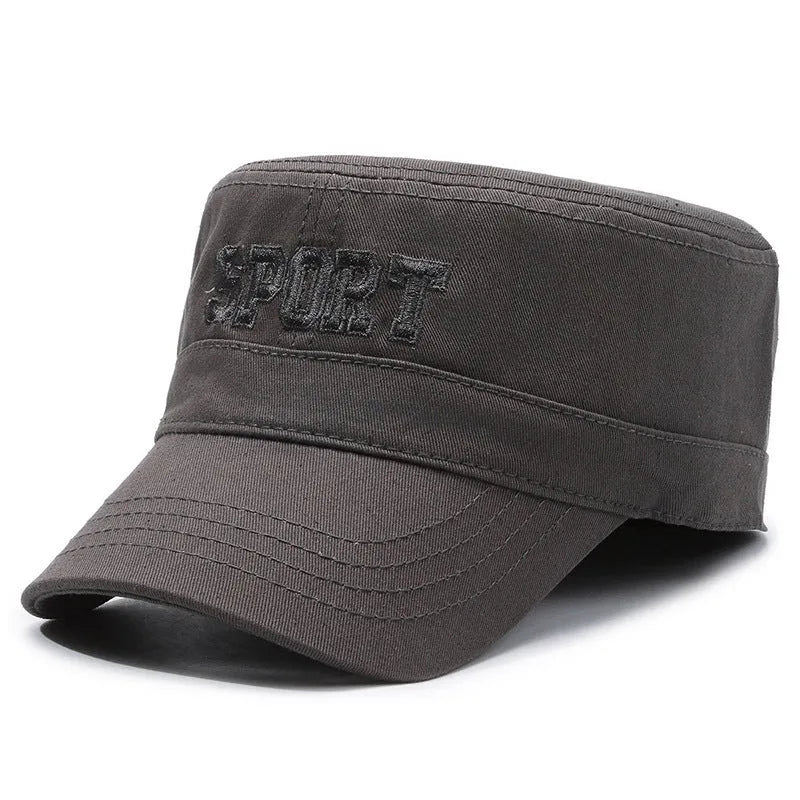 Men's flat-top cotton peaked cap in army green colour with adjustable strap.