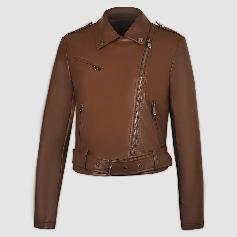 Women's black PU leather motorcycle jacket with lapel collar and a short waist belt.