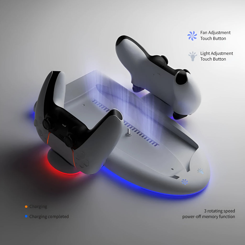 White PS5 Slim multi-function cooler pad fan base with RGB light and USB charging interface