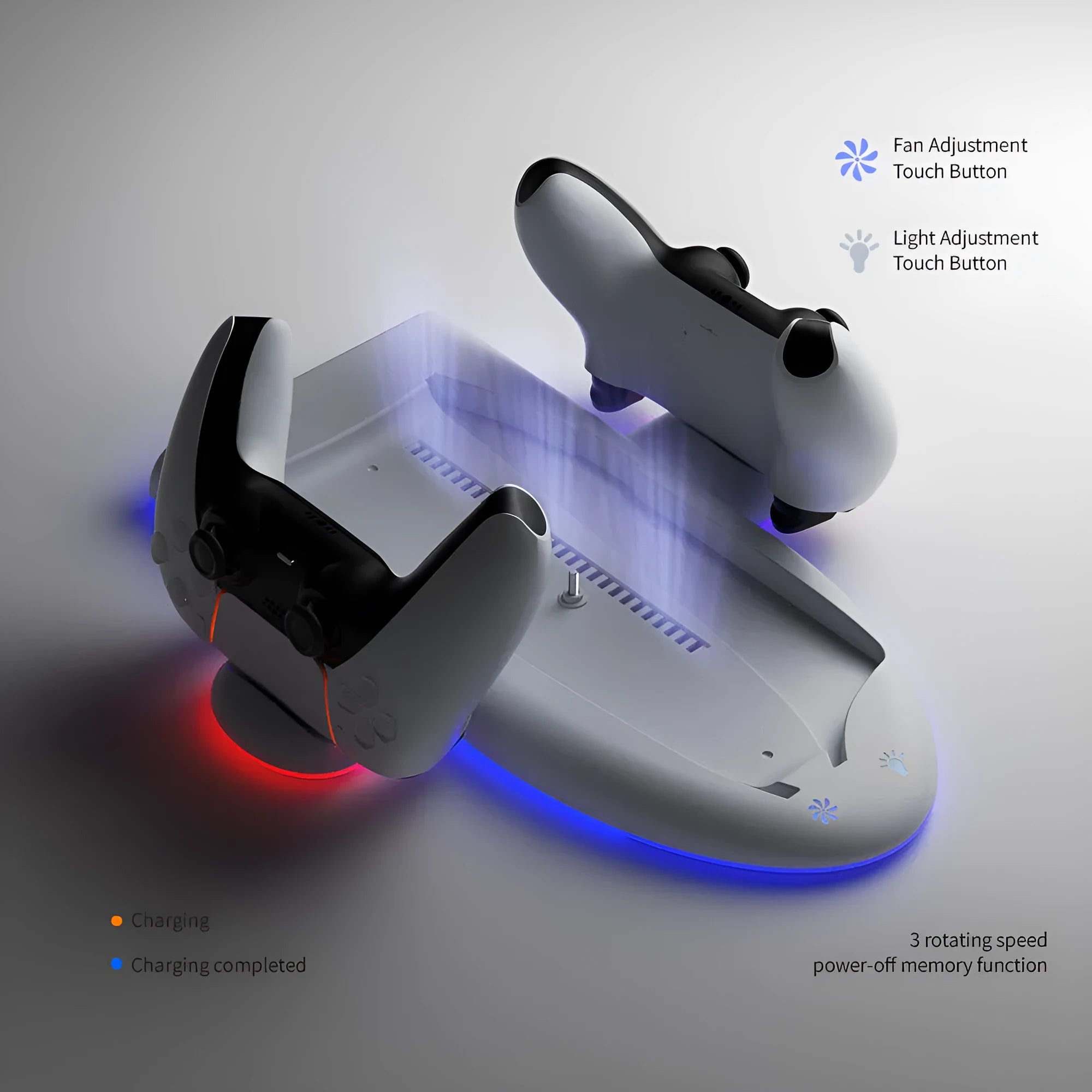 White PS5 Slim multi-function cooler pad fan base with RGB light and USB charging interface