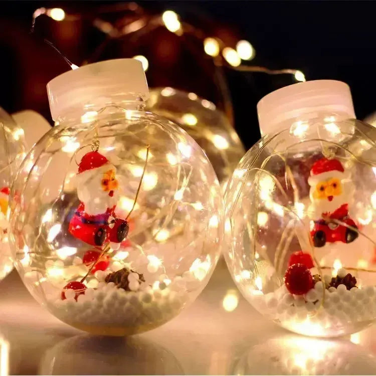 LED Christmas curtain light string with 10 decorative PVC lamp balls showing fairy, snowman, and wishing ball designs.