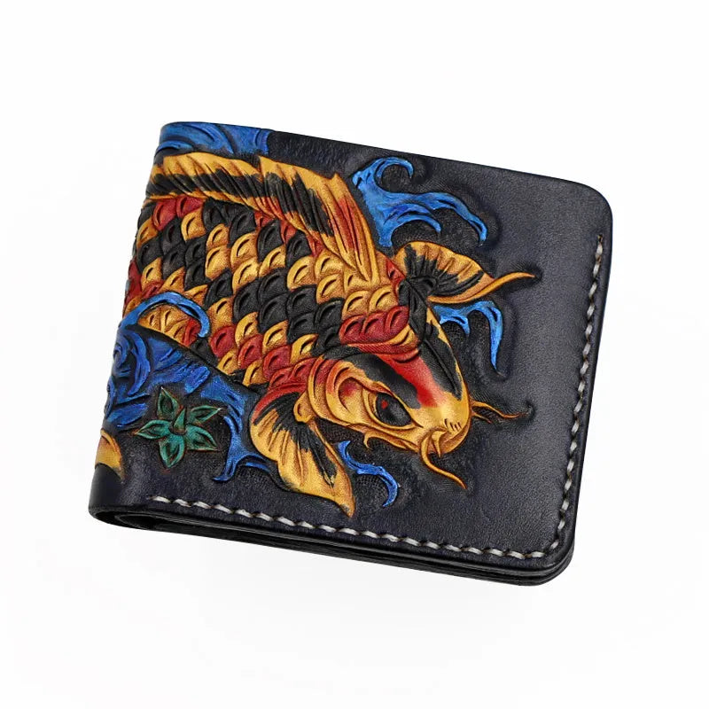 Men's carved cow leather short wallet in red, shown open, with dimensions 10cm by 12cm.