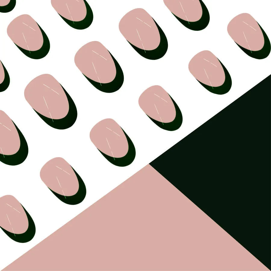Pack of 24 black French style artificial nails with a short almond shape.