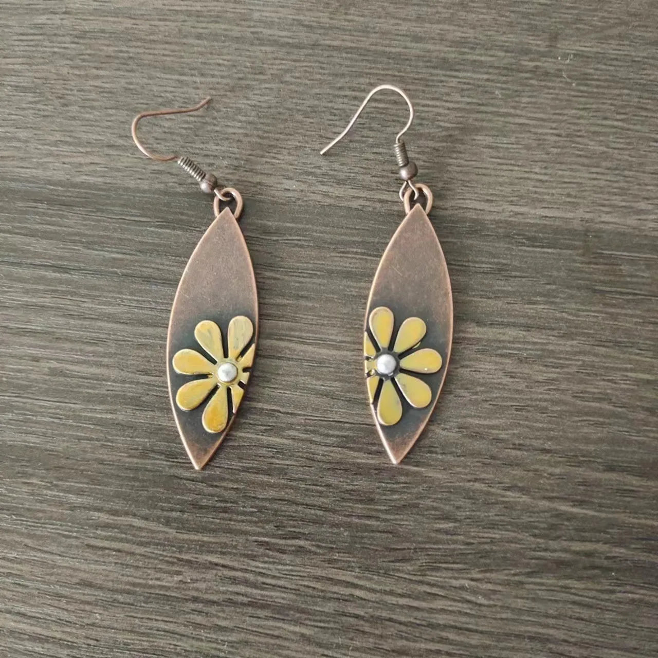 Handmade wooden water drop earrings with carved vintage wood and alloy flower detail