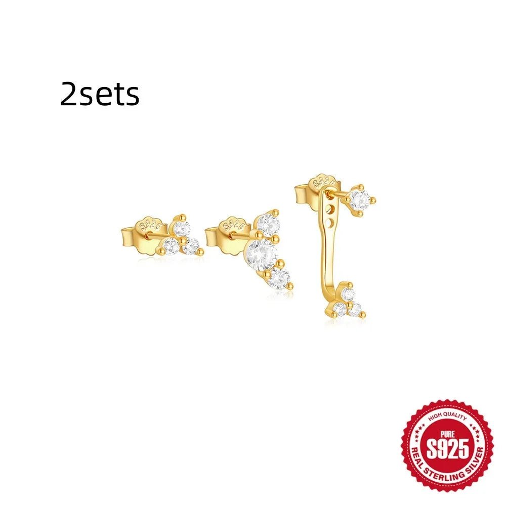 Set of three S925 sterling silver geometric zircon tassel earrings in a gold colour.