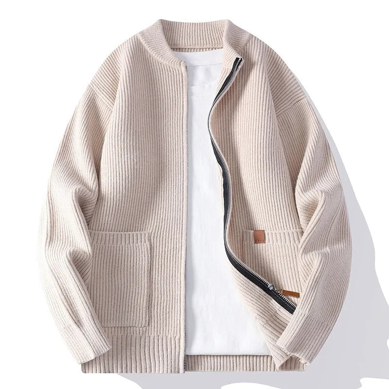 Men's striped sweater cardigan jacket in beige straight cut chemical fibre blend