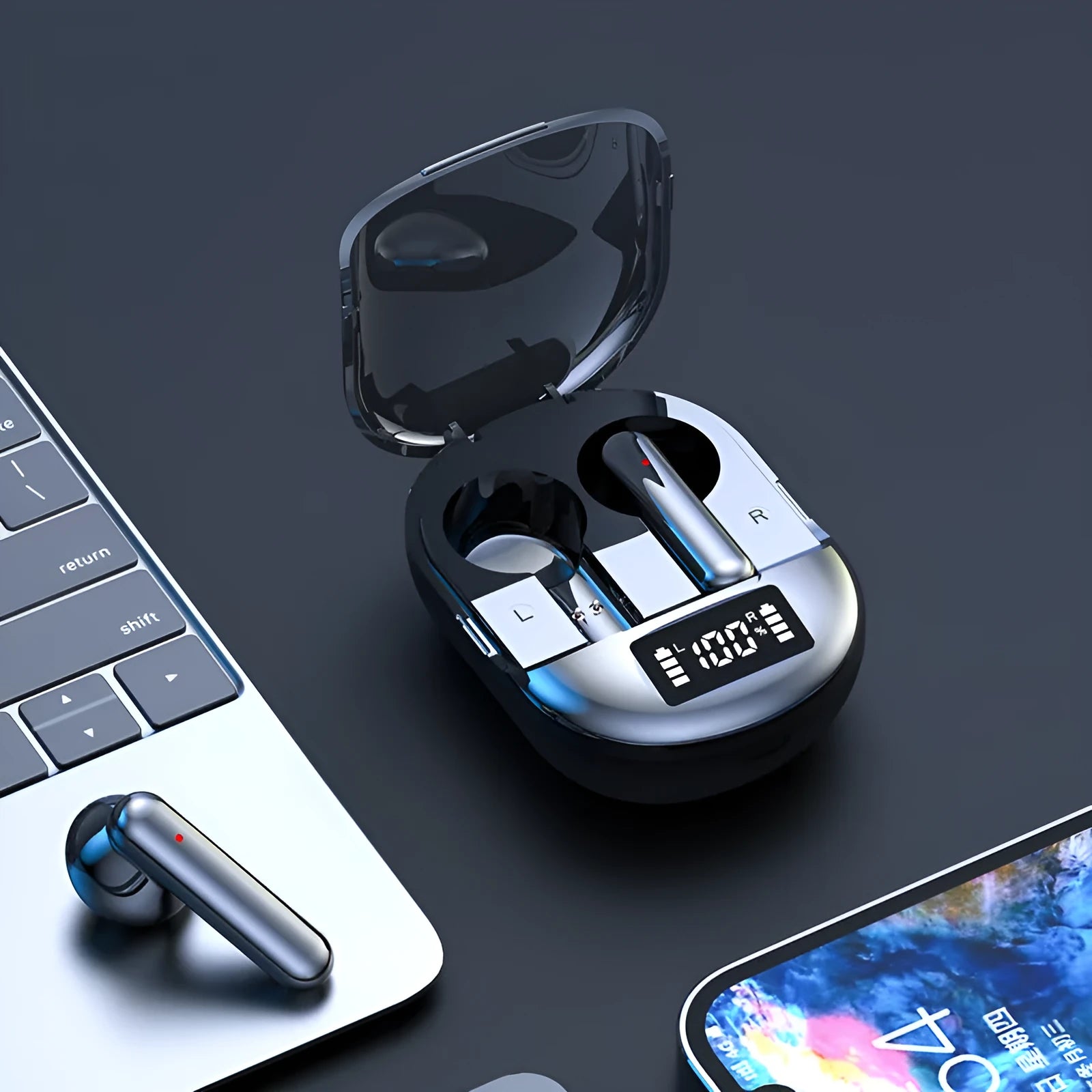 Black and white wireless Bluetooth in-ear headphones with a digital display charging case.