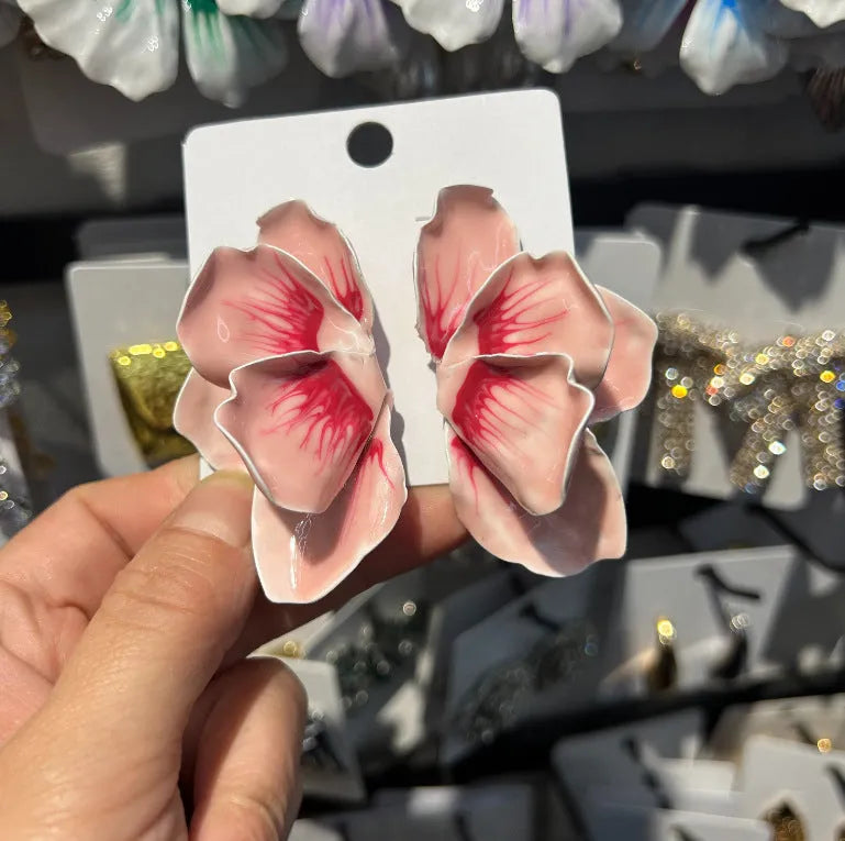Pastoral style alloy flower stud earrings with oil-spot glaze finish in four colour variations