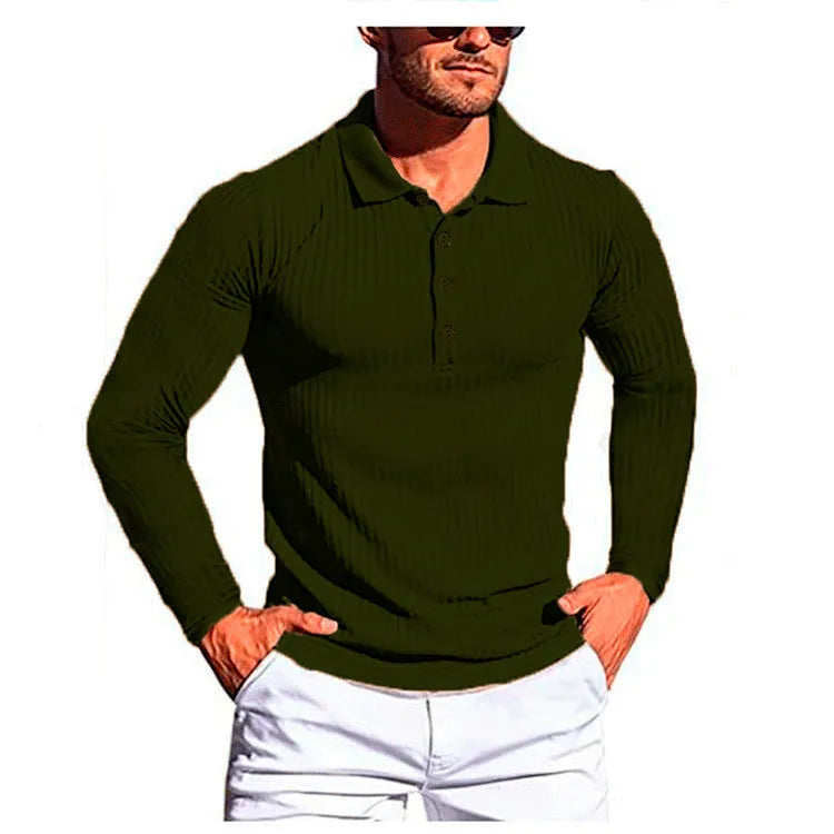 Man wearing a loose-fitting, striped, short-sleeve polyester shirt in a neutral colour.