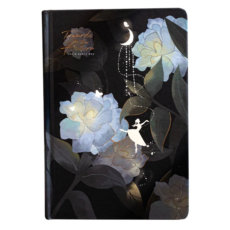 A5 notebook with a luminous cover open to show internal colour illustrations, next to Purple, Light Blue, Gold, and Deep Blue colour options.