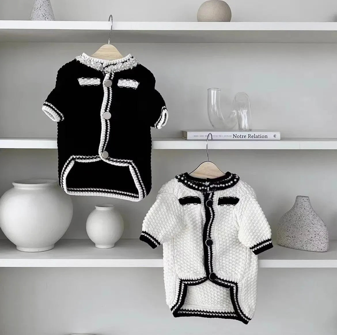 Korean style puppy sweater with pearl collar in classic black and white colours for small dogs