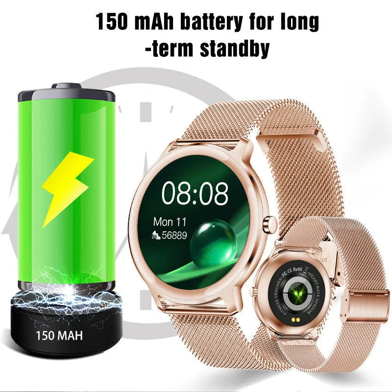 Women's stainless steel smart watch with 1.3 inch TFT screen and mesh belt in rose or silver