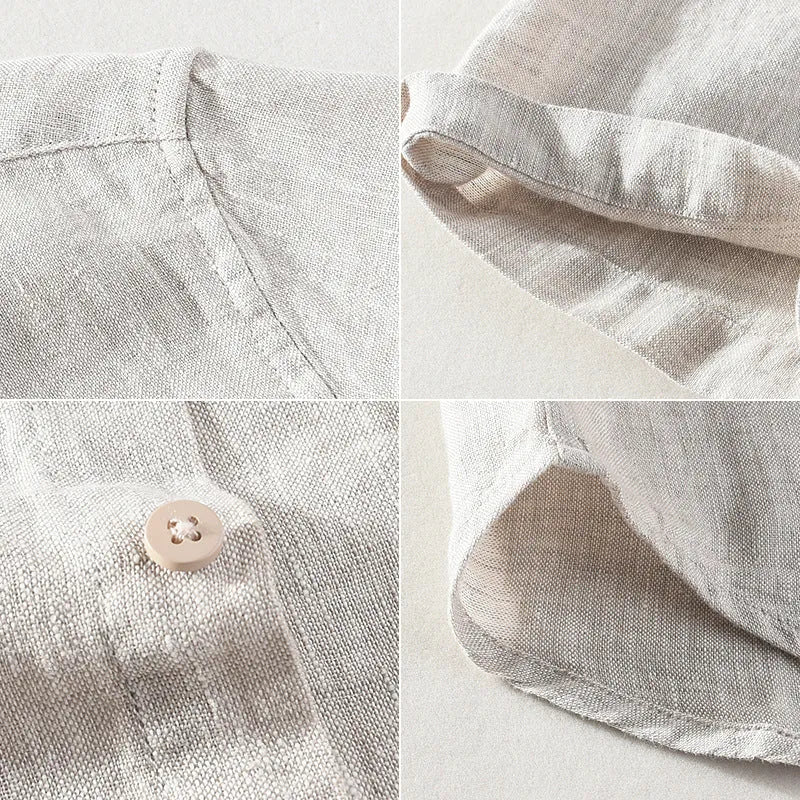 Men's raw jute linen short sleeve shirt with square collar on hanger