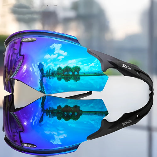 Frameless windproof sports goggles with a colourful integrated lens, shown in multiple style colours.