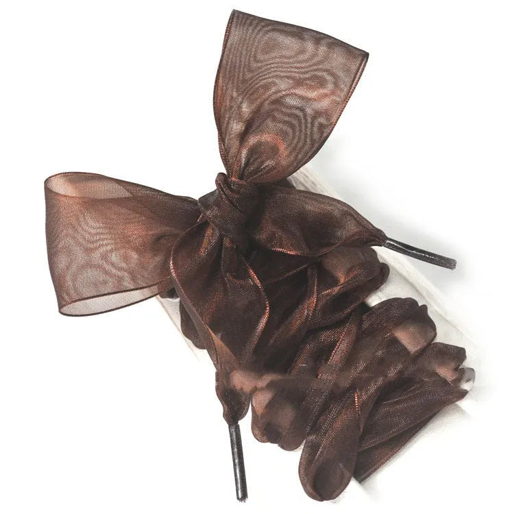 Wide 4cm transparent silk shoelaces in beige, black, and wine red colours, showing length.